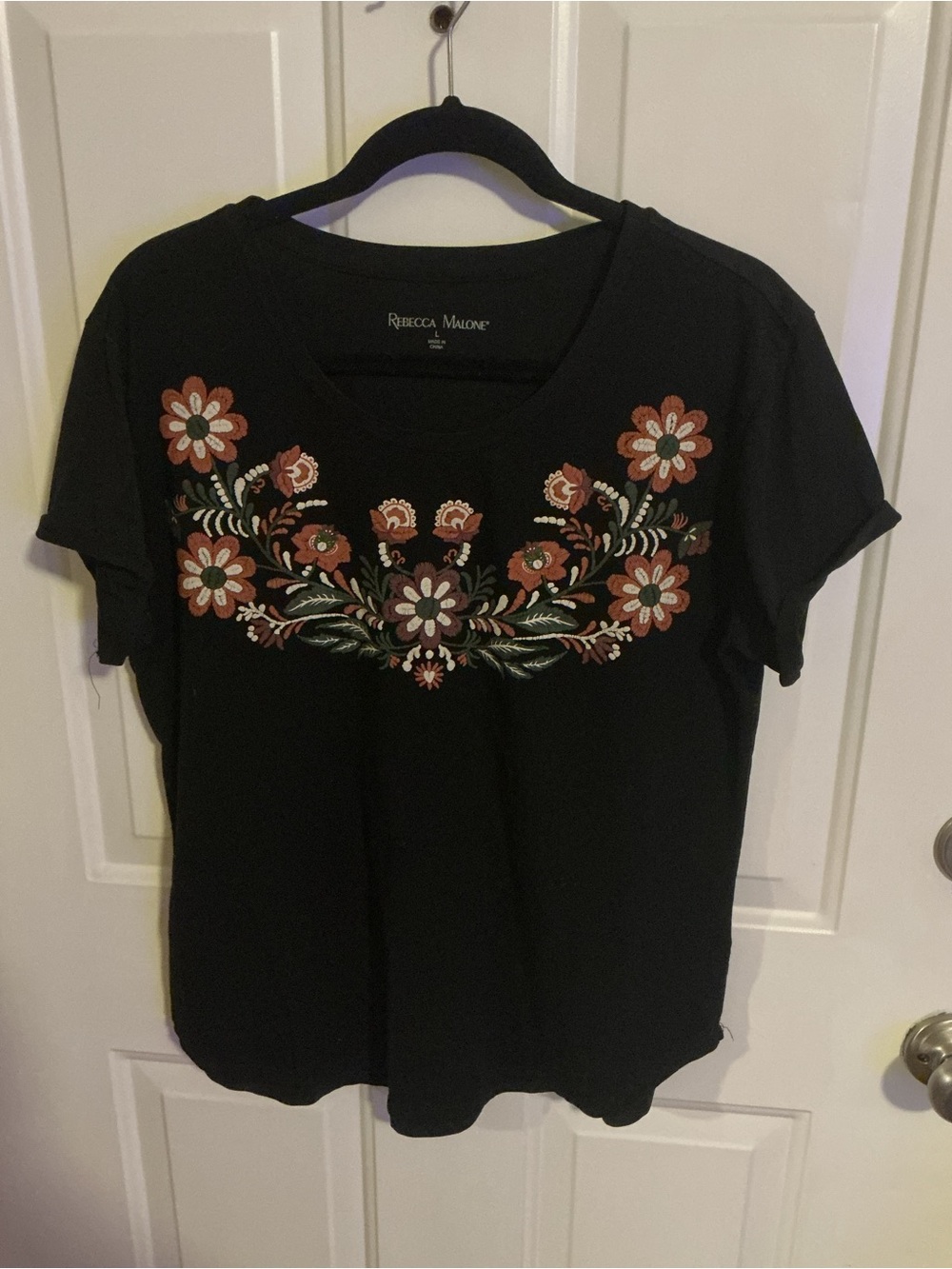Rebecca Malone Black Short Sleeve Tee with Rust and Cream Floral Print